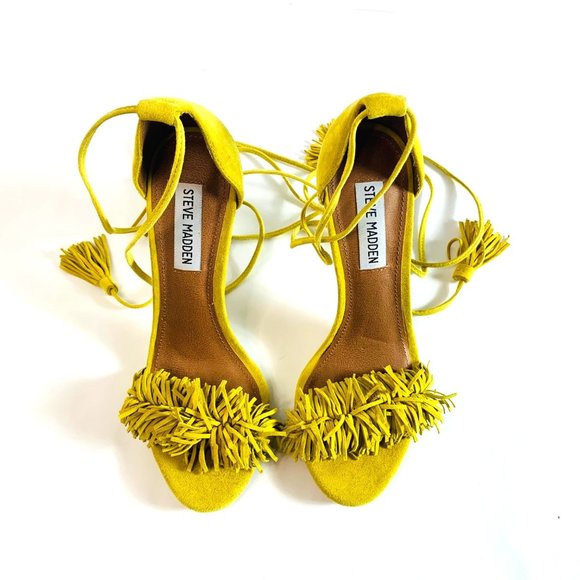 Steve Madden "SASSEY" Yellow Fringe Lace Up Strap Stiletto Heels Shoes 7 - Picture 11 of 11